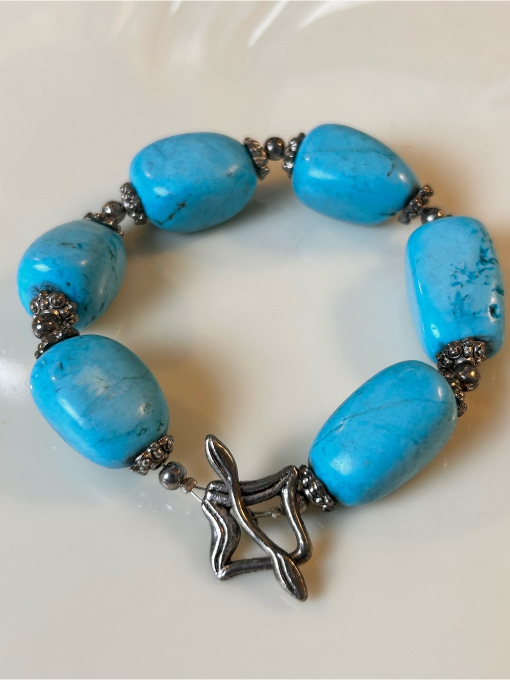 💝2/20$ Faux Turquoise Dyed Howlite Nugget Toggle Clasp Bracelet SouthWestern